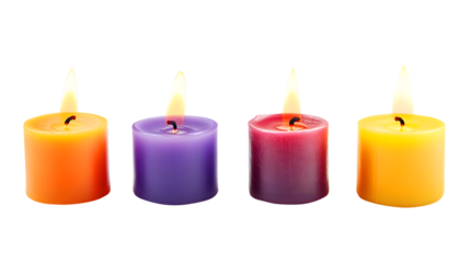 Four colorful votive candles burning on white background isolated on a transparent background
