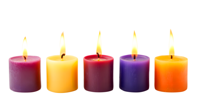 Five colorful votive candles burning on white background isolated on a transparent background - Powered by Adobe