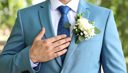 Elegant Groom's Light Blue Suit Detail:  Close-up of Boutonniere, Hand on Lapel, Romantic and Serene Outdoor Setting.