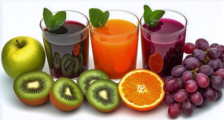 Fresh Fruit Juices and Vibrant Ingredients Displayed on a Table Near Colorful Fruits