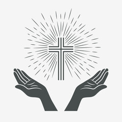 Black and White Open Hands with Cross and Divine Light, Symbol of Faith and Prayer. Design Template for Church Logo. Prayer, Religion Concept Monochrome Cut Out Silhouette Icon. Vector Illustration