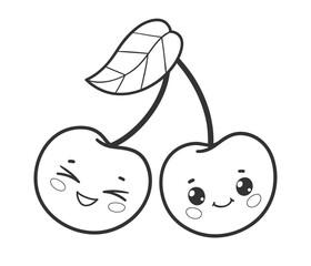 Vector illustration of two cute cherry fruits with smiling faces in black and white line art style.