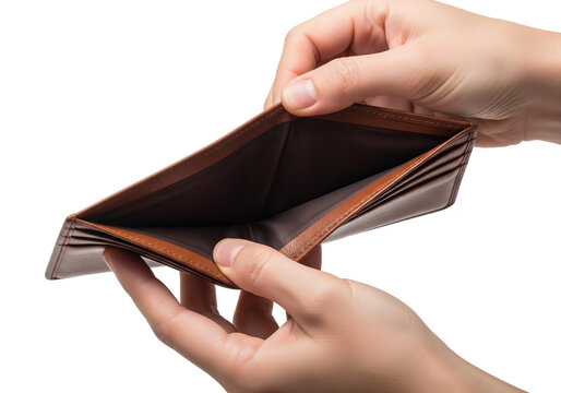 Hands holding an empty wallet isolated on white background