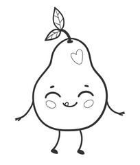 Vector illustration of a smiling pear fruit character in black and white line art with leaves and heart detail.