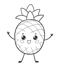 Vector illustration of a smiling pineapple fruit character in black and white line art style with arms and legs.