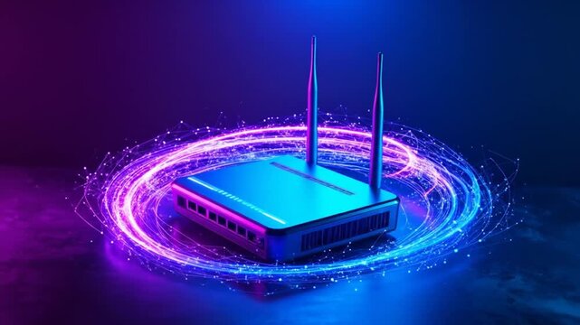 Futuristic Wi-Fi Router with Glowing Neon Data Ring &mdash; High Speed Internet and Digital Network Concept