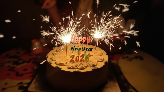 A festive cake with "Happy New Year 2026" text and lit sparklers, a new year celebration atmosphere
