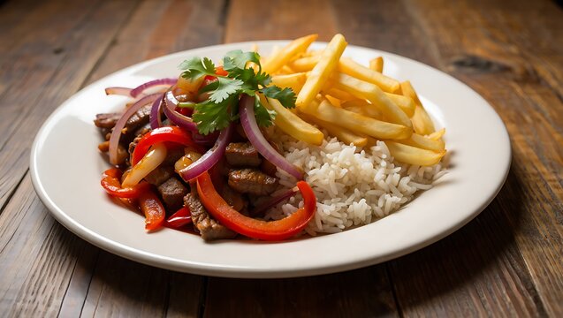 Delicious peruvian lomo saltado served with rice and french fries