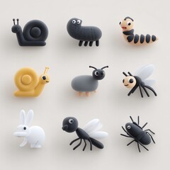 A playful arrangement of cartoonish insect and animal characters including a snail, caterpillar, and rabbit on a light background.