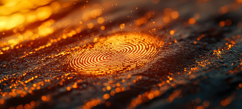 Glowing fingerprint pattern illuminated by warm bokeh lights on a textured surface
