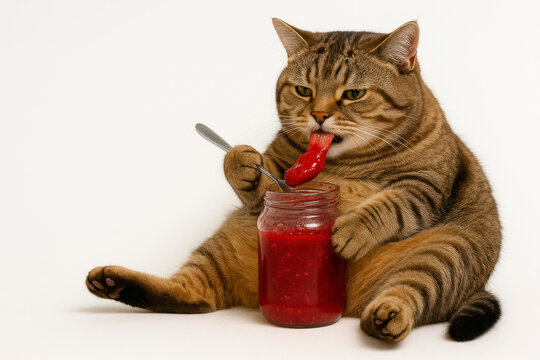 Fat cat sitting with a jar of jam and eating with a spoon. Space for text.