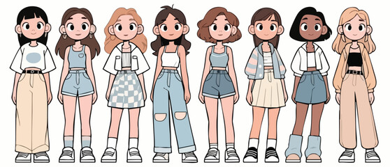 Eight Diverse Cartoon Girls in Trendy Pastel Outfits Fashion Illustration