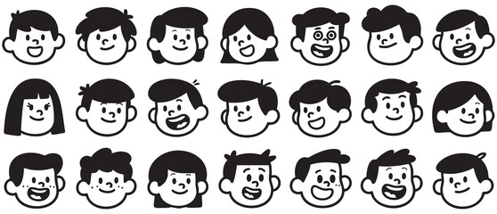 Collection of Cartoon Childrens Faces Diverse Expressions Black and White
