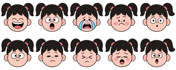 Ten Cartoon Girl Faces Showing Different Emotions Expressions