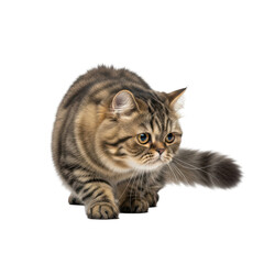Obraz premium Curious tabby cat in a stalking pose, capturing attention with its focused gaze and alert expression