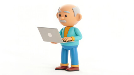 Cartoon elderly man using laptop isolated on white background, showcasing digital literacy and technology adoption among senior citizens in a modern context
