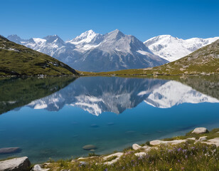 Naklejka premium Hiker standing on cliff edge – panoramic view of green forest and mountains, adventure travel., lake in the mountains, lake louise banff national park 
