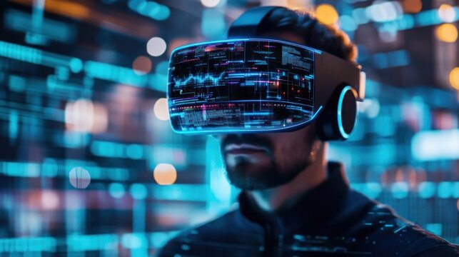 Office worker wearing VR glasses with a metaverse hologram and digital interface.