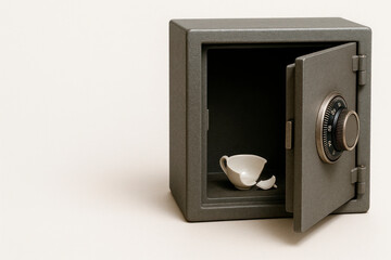 An open safe with a broken cup inside. Space for text.