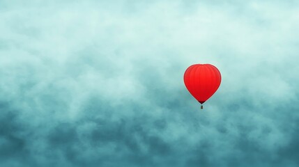 Fototapeta premium Lone red hot air balloon drifting through misty sky