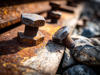 Rusted bolts resting on weathered wood and rocks at a railway site