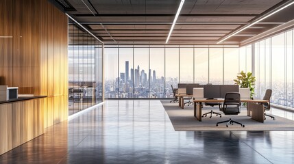 Open office interior with glass walls, wood panel accents, and a city view in the background.