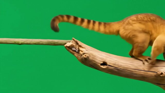 Medium shot of a coati on a branch against a solid green background.