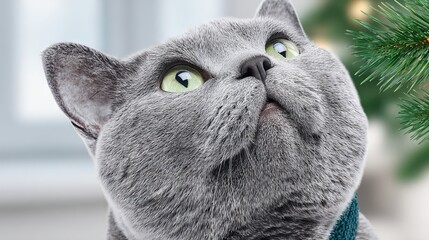 Gray cat with striking green eyes gazes upward, surrounded by soft natural light, creating a serene atmosphere, showcasing the beauty of feline companionship and wonder