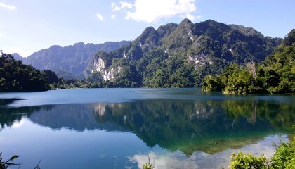 Serene mountain lake reflecting a clear sky