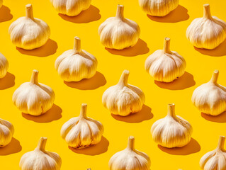 Fresh garlic bulbs arranged on a vibrant yellow background with shadows
