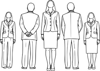 Vector silhouettes of men and women, a group of standing business people, looking up, back view, profile, black color isolated on white background