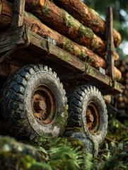 Wooden log cart carrying freshly cut logs in a forest setting