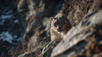   Close-up of snow leopard on rocky hillside with snow on ground and rocks in background