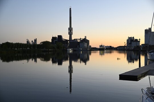 Shipping Harbor in Randers, Denmark at Sunset