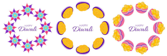 Diwali celebration frames set with rangoli and sweets, jalebi, laddoo, and text in flat style. Deepavali vector illustration for print and online projects