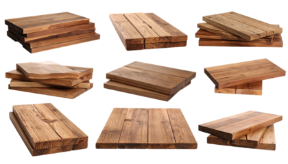 Set of different wooden boards and planks isolated on transparent background