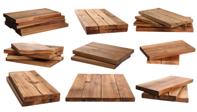 Set of different wooden boards and planks isolated on transparent background