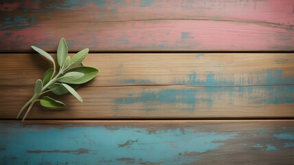 Fototapeta premium Green Leaf on Rustic Wooden Background – Nature Inspired Minimalist Design with Vintage Painted Wood Texture for Decoration and Organic Concepts