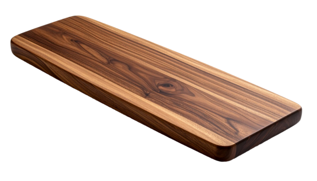 Empty rectangular wooden cutting board with rounded edges on transparent background