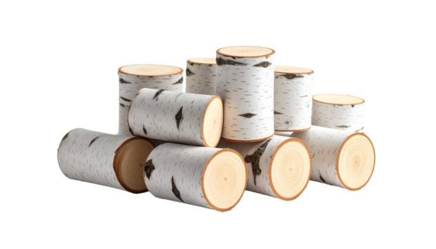 Pile of birch logs isolated on transparent background