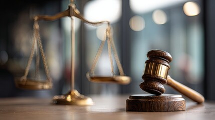 Scales of justice and gavel on a table.