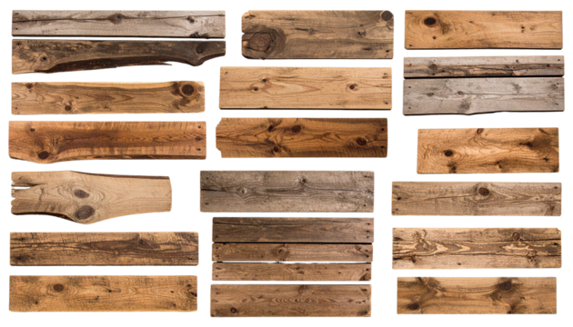 Collection of various wooden planks on transparent background