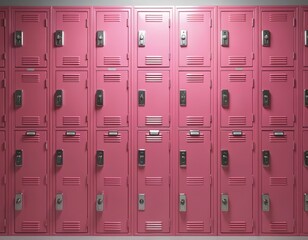 A row of closed pink metal school lockers. This image features a clean, simple design perfect for educational or sports-themed content. Each locker has a combination lock and vents.