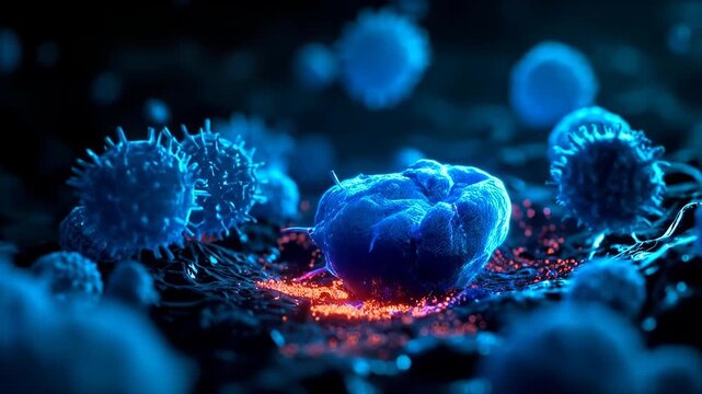 A microscopic view shows a red virus cell surrounded by blue immune cells. Concept of disease and immunity.