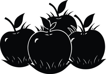 Grass With Fallen Apples Silhouette | Apples On Grass Vector Illustration