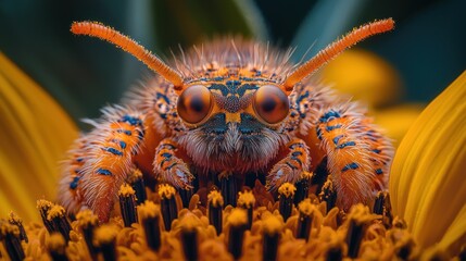 Close-up of a vibrant insect on a sunflower