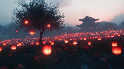 Fototapeta premium Mystical lantern field at twilight