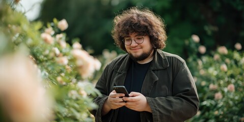 Young caucasian male using smartphone in garden with blooming flowers