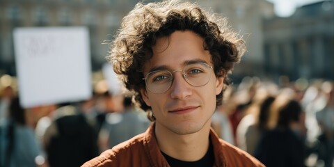 Young caucasian male with glasses in casual attire at outdoor event