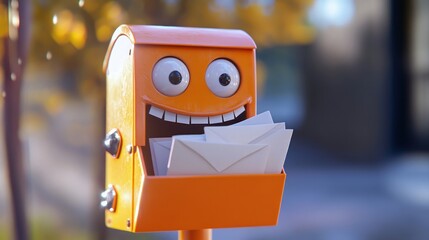 Orange mailbox with googly eyes and a cheerful expression, holding white envelopes. Fun mail delivery concept.